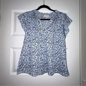 Melloday Ditsy Floral Print Ruffle Cap Sleeves Split Neckline Blouse Top